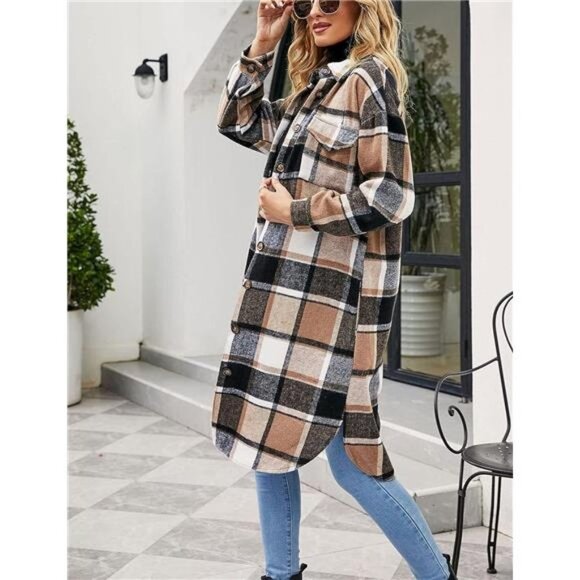 Brown & Black Plaid Print Button Down Long Midi Trench Flannel Jacket Shacket‎ - Picture 3 of 7